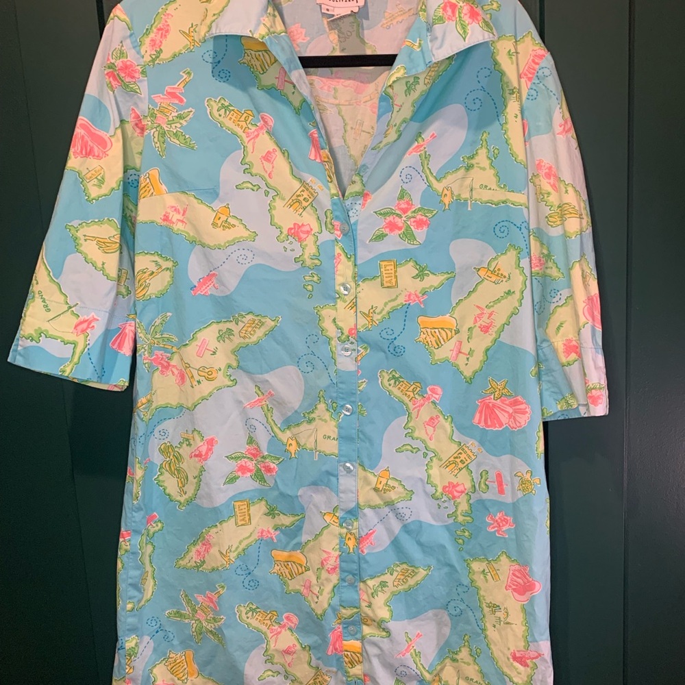 Lilly Pulitzer Vintage White Tag Pastel Island Map Cover Up Shirt Dress Sz 8